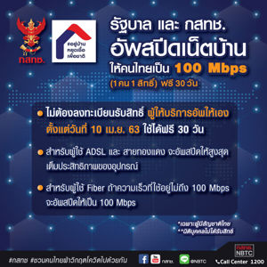 กสทช. อัพสปีดเน็ตบ้านให้คนไทยเป็น 100 Mbps (1 คน 1 สิทธิ์) ตั้งแต่วันที่ 10 เม.ย. 63 ใช้ได้ฟรี 30 วัน